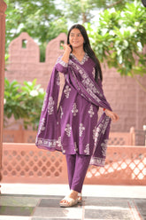 Arihantam Plum Petals – 3-Piece Cotton Kurti Set with Dupatta